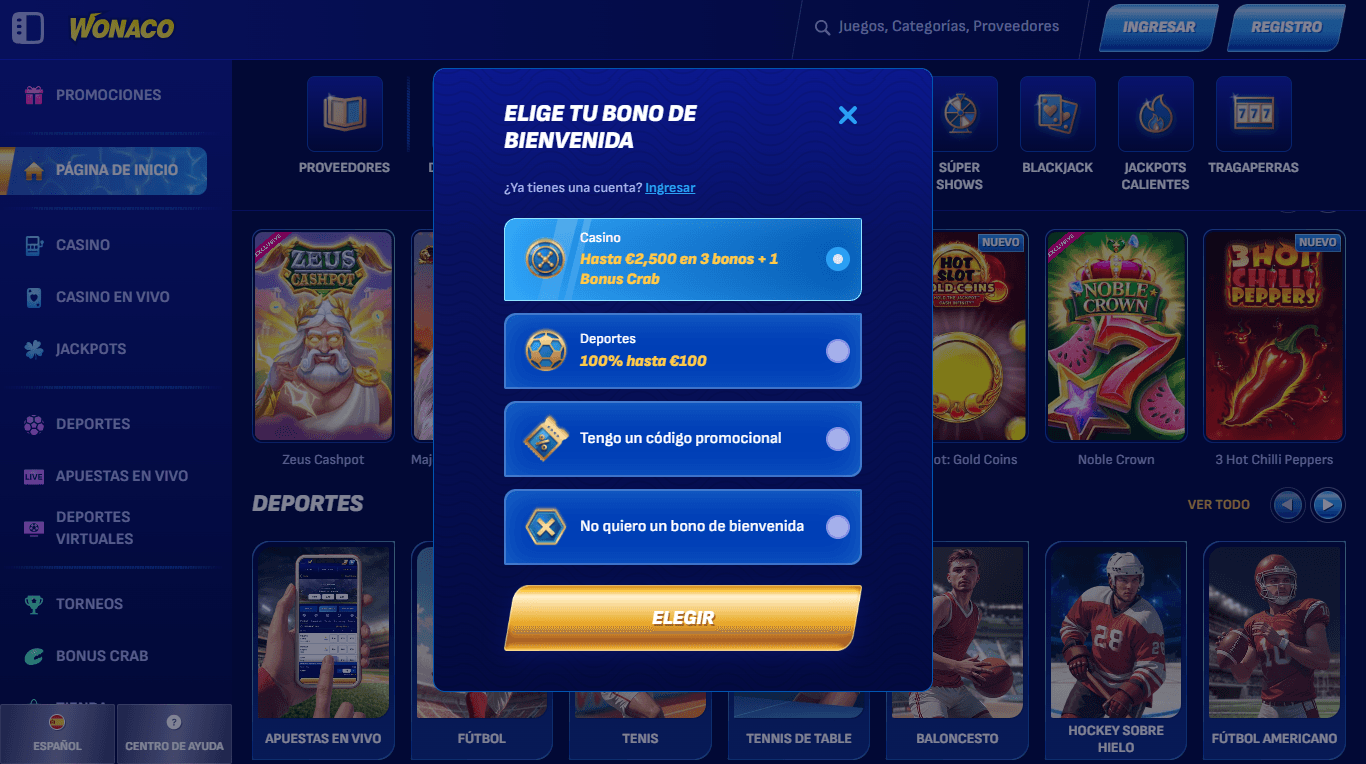 registrarse en Wonaco Casino